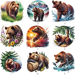 Könnte beinhalten: Eine Sammlung von neun digitalen Illustrationen von Braunbären in verschiedenen Posen und Umgebungen. Die Bären werden in verschiedenen Umgebungen dargestellt, darunter grasbewachsene Felder, Berge und Wasser, mit leuchtenden Farben und detaillierten Texturen. Die Illustrationen zeigen die Bären in Aktion, wie Brüllen, Schwimmen und Ausruhen.