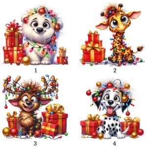 Puede incluir: Cuatro ilustraciones de animales de dibujos animados: un perro blanco, una jirafa, un reno y un dálmata. Cada animal está decorado con luces y adornos navideños, y rodeado de cajas de regalo rojas envueltas con lazos dorados.