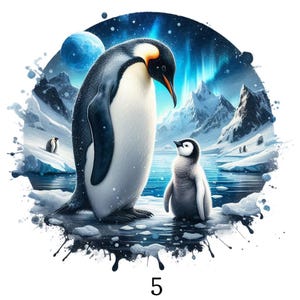 May include: Digital illustration of two penguins in an arctic landscape. A large penguin stands near a smaller one, with snow-covered mountains and a blue aurora borealis in the background. The number 5 is at the bottom.