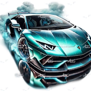 Op de afbeelding: Een turquoise sportwagen met een strak ontwerp, voorzien van een spoiler en zichtbare wielen. De auto wordt afgebeeld met een rookeffect, wat snelheid en beweging suggereert. De afbeelding heeft een glanzende afwerking en een moderne esthetiek.