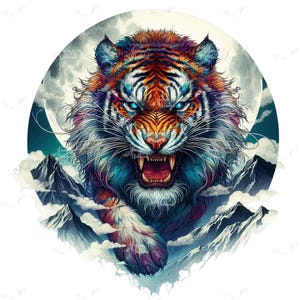 Könnte beinhalten: Eine lebendige Illustration eines Tigers mit einem wilden Ausdruck, vor dem Hintergrund eines Vollmonds und einer Bergkette. Das Fell des Tigers ist eine Mischung aus Orange, Blau, Lila und Weiß, mit stechend blauen Augen und gebleckten Zähnen. Das Kunstwerk weckt ein Gefühl von Kraft und Wildheit.
