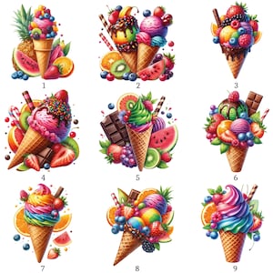 Op de afbeelding: Negen kleurrijke ijsjes met diverse fruit toppings, waaronder aardbeien, bosbessen en sinaasappels. Elke kegel heeft een ander ontwerp, met chocolade en sprinkles. De kegels zijn omringd door vers fruit.