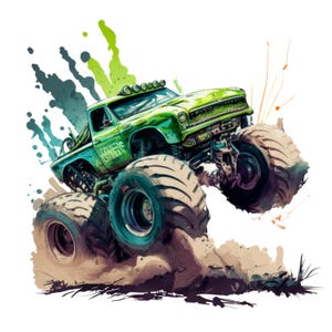 May include: An illustration of a green monster truck with large tyres, lights, and the text "Wheels of Steel". The truck is jumping, kicking up dirt and surrounded by green and blue paint splatters against a white background.
