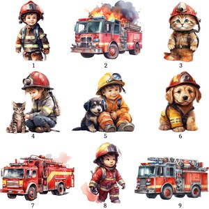 Op de afbeelding: Waterverfillustraties van brandweerlieden en brandweerwagens. De afbeeldingen bevatten een kind in een brandweeruniform, een kitten en een puppy in brandweeruitrusting, en verschillende rode brandweerwagens met ladders en lichten. Het thema is brandweer.