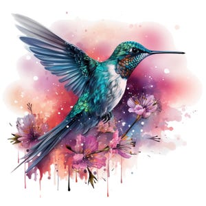 Puede incluir: Ilustración en acuarela de un colibrí con las alas extendidas, mostrando plumas vibrantes de color turquesa, verde y azul. El ave está posada cerca de flores rosas, sobre un fondo de salpicaduras de acuarela rosas, moradas y naranjas.