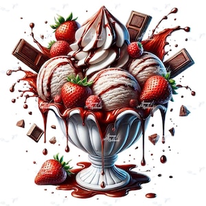 Op de afbeelding: Digitale illustratie van een ijscoupe in een witte, sierlijke kom. De ijscoupe bevat bollen vanille-ijs, verse aardbeien, chocoladesaus en stukjes chocoladereep. De afbeelding heeft een heldere, uitnodigende uitstraling.