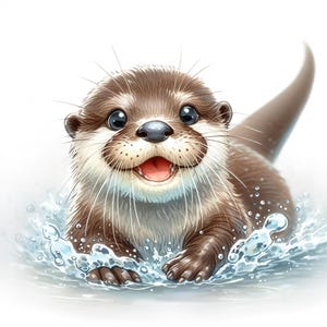 Könnte beinhalten: Eine fröhliche Cartoon-Otter schwimmt im Wasser und erzeugt Spritzer. Der Otter hat braunes Fell, eine schwarze Nase und große, ausdrucksstarke Augen. Sein Mund ist in einem fröhlichen Ausdruck geöffnet und zeigt eine rosa Zunge. Das Bild ist eine digitale Illustration.