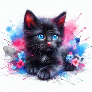Könnte beinhalten: Digitales Aquarellgemälde eines schwarzen Kätzchens mit leuchtend blauen Augen und einer rosa Nase. Das Kätzchen ist von farbenfrohen Farbspritzern in Rosa, Blau und Grau umgeben, mit kleinen Blumen verstreut.