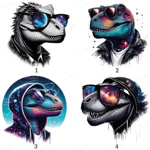 May include: Four digital illustrations of a Tyrannosaurus Rex wearing sunglasses. The dinosaurs have different color schemes, including black and white, rainbow, and galaxy patterns. The T-Rexes are wearing jackets and hoodies.