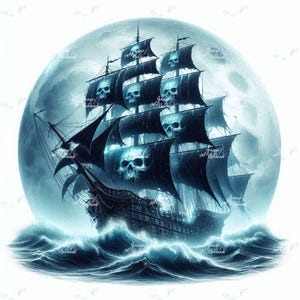 Iron-on patch, skull pirate ship, moon blue, iron-on motif