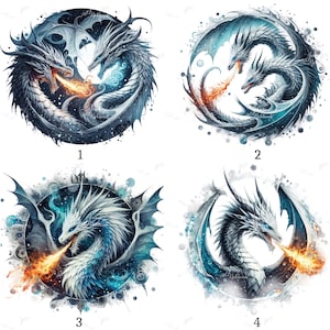 Könnte beinhalten: Vier digitale Kunstdrucke von Drachen in kreisförmigen Designs. Jeder Drache ist mit aufwendigen Details in Blau-, Weiß- und Grautönen dargestellt, mit Feueratem. Die Designs sind mit 1 bis 4 nummeriert.