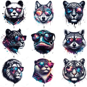 Pode incluir: Uma coleção de nove retratos de animais, cada um usando óculos de sol com um design de galáxia. Os animais incluem um panda, lobo, leopardo, tartaruga, guaxinim, leão, lontra e tigre, todos renderizados em cores vibrantes.