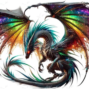 Könnte beinhalten: Detaillierte Illustration eines Drachen mit ausgebreiteten Flügeln. Der Körper des Drachen ist hauptsächlich schwarz, mit türkisfarbenen und grünen Akzenten. Seine Flügel zeigen ein lebendiges Farbspektrum, darunter Rot, Orange, Gelb, Grün und Lila, das einer Galaxie ähnelt.