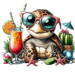 Peut inclure: Une tortue de dessin animé portant des lunettes de soleil roses, avec une boisson tropicale, des étoiles de mer et un cactus. La tortue a une carapace marron et sourit. Un ballon de plage et un citron vert sont également présents. L'image a une ambiance lumineuse et estivale.