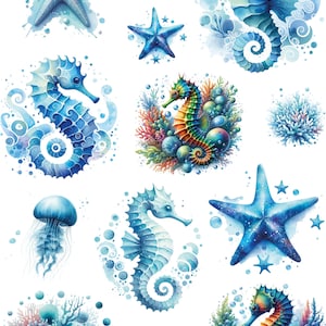 Peut inclure: Illustrations à l'aquarelle de divers animaux marins, dont des étoiles de mer, des hippocampes, des méduses et du corail. Les motifs présentent des nuances de bleu, turquoise et des touches d'orange et de jaune, créant un thème sous-marin vibrant.