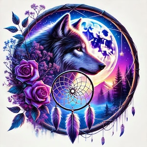 May include: A digital illustration of a wolf's head within a dreamcatcher design. The artwork features a full moon, purple roses, and a forest scene. The color palette includes shades of purple, blue, and white.