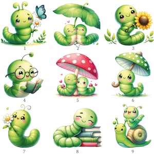 Pode incluir: Uma coleção de nove ilustrações de desenhos animados com adoráveis ​​lagartas verdes. Cada lagarta é retratada em várias poses, segurando flores, lendo livros ou sob guarda-chuvas. As ilustrações têm um estilo caprichoso e alegre, com cores brilhantes e expressões fofas.
