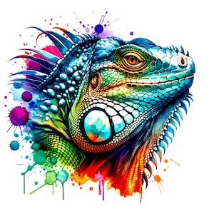 Peut inclure: Illustration aquarelle vibrante d'une tête d'iguane. L'iguane présente un motif détaillé d'écailles bleues, vertes et jaunes, avec un œil orange saisissant. Des éclaboussures de peinture aquarelle rose, violette et verte ajoutent un effet dynamique.