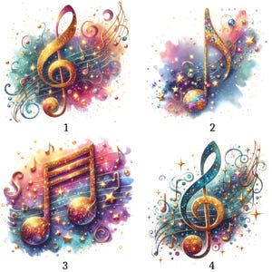 Può includere: Quattro illustrazioni ad acquerello di note e simboli musicali. Ogni design presenta una diversa combinazione di chiave di violino, croma e pentagramma, con uno sfondo colorato, glitterato e stellato. La tavolozza dei colori include oro, blu, rosa e viola.