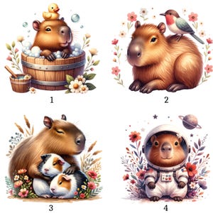 May include: Four whimsical illustrations of capybaras. One capybara is in a wooden tub with a rubber duck, another has a bird on its back, a third is with guinea pigs, and the last is in an astronaut suit.