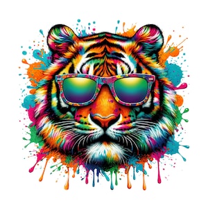 Op de afbeelding: Een levendige illustratie van een tijgergezicht met een kleurrijke zonnebril. De vacht van de tijger is een mix van regenboogkleuren, met verfspetters in blauw, oranje, groen en roze rondom de kop. De zonnebril heeft een verlooplens.