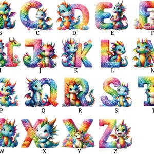 Könnte beinhalten: Eine Sammlung von bunten, regenbogenfarbenen Buchstaben des Alphabets, die jeweils mit einem niedlichen, cartoonartigen Drachen verziert sind. Die Drachen haben verschiedene Farben und Posen, was dem Design einen skurrilen Touch verleiht. Die Buchstaben sind in verschiedenen Schriftarten.