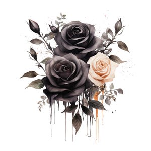 Può includere: Illustrazione ad acquerello di un bouquet di rose nei toni del nero, grigio e crema. La composizione presenta tre grandi rose, boccioli e foglie con effetti di vernice gocciolante, su sfondo bianco.