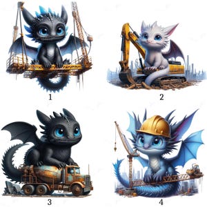 May include: Four digital illustrations of cute dragons in a construction theme. The dragons are in various colors, including black, white, and blue. Each dragon has large blue eyes and is posed with construction equipment like cranes and cement trucks. The style is cartoonish.