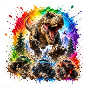 Könnte beinhalten: Ein brauner Tyrannosaurus Rex brüllt vor einem regenbogenfarbenen Farbspritzer-Kreis, darunter fahren drei Monstertrucks in Grün, Blau und Rot durch Schlamm, vor einer Kulisse aus Tannen und Bergen mit fliegenden Vögeln.