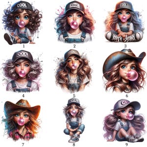May include: Nine digital illustrations of girls blowing bubblegum bubbles, wearing denim dungarees and baseball caps with the word "COOL". Each girl has different hair colours and styles, and some are wearing cowboy hats.
