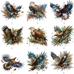 Könnte beinhalten: Neun Aquarellillustrationen von Adlern in verschiedenen Posen. Die Adler haben braune, weiße und blaue Federn, einige sitzen auf Ästen oder sind von Blättern umgeben. Das Kunstwerk hat einen malerischen Stil mit Farbspritzern.