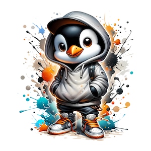 May include: A cartoon penguin in a grey hoodie, black trousers, and trainers with orange laces. The penguin has a black and white body, an orange beak, and large eyes. The background features colourful paint splatters.