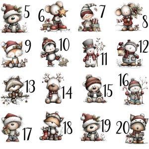 Könnte beinhalten: Eine Sammlung von 24 Aquarellillustrationen von entzückenden Weihnachtsfiguren, darunter Rentiere, Bären, Füchse, Schneemänner und Mäuse. Jede Figur trägt festliche Kleidung wie Hüte und Schals, und einige halten Geschenke oder Ornamente. Die Zahlen 1-24 stehen neben jeder Figur.