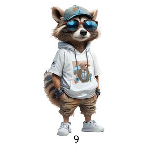May include: A cartoon raccoon wearing a white hoodie, khaki shorts, and white trainers. The raccoon is also wearing a blue cap, sunglasses, and bracelets. The image has a white background and the number "9" is at the bottom.