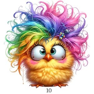 Könnte beinhalten: Ein Cartoon-Küken mit gelbem Körper und großen, ausdrucksstarken Augen. Seine flauschigen Federn sind leuchtend gelb und seine Haare sind ein Regenbogen aus Farben. Das Küken hat einen kleinen orangefarbenen Schnabel und die Zahl "10" steht unten.