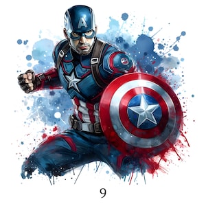 Könnte beinhalten: Aquarell-Illustration von Captain America in dynamischer Pose, der seinen ikonischen Schild hält. Das Kunstwerk zeigt ein blaues, rotes und weißes Farbschema mit einem Sternemblem auf dem Schild und der Brust. Der Hintergrund hat blaue Wasserspritzer.