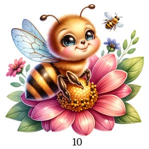Può includere: Illustrazione di un'ape sorridente con grandi occhi blu, posata su un fiore rosa. L'ape ha strisce nere e gialle e ali trasparenti. Un'ape più piccola vola nelle vicinanze, con fiori e foglie sullo sfondo. Il numero "10" è in basso.