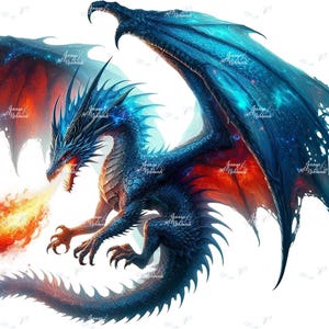 May include: A detailed illustration of a blue dragon exhaling fire. The dragon has large wings with red and blue accents, sharp claws, and a long tail. The dragon's scales are a dark blue, and its eyes glow red.