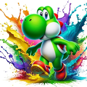 Puede incluir: Una vibrante ilustración de Yoshi, un personaje verde con forma de dinosaurio, con vientre blanco, zapatos rojos y una montura roja. Yoshi se encuentra sobre un fondo de salpicaduras de pintura coloridas en tonos amarillos, naranjas, verdes, azules y morados.