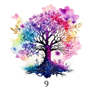 Op de afbeelding: Waterverfillustratie van een boom met een regenboogkleurig bladerdak en wortels. De stam en takken van de boom zijn zwart, met een kleurrijke achtergrond. Het nummer "9" staat onderaan.