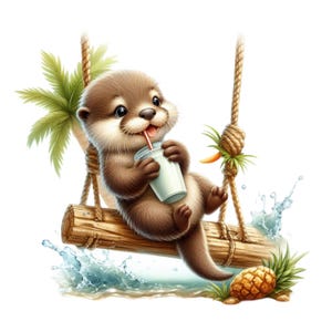 Op de afbeelding: Een cartoon illustratie van een bruine otter die drinkt uit een beker met een rietje terwijl hij op een houten schommel zit. Een palmboom, ananas en waterspetters zijn ook zichtbaar.