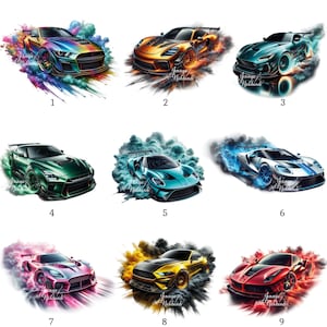 Może przedstawiać: Dziewięć kolorowych ilustracji samochodów sportowych, każda otoczona chmurą żywego dymu. Samochody są w różnych kolorach, w tym niebieskim, zielonym, żółtym, czerwonym i różowym, ze szczegółowymi wzorami i efektami artystycznymi.