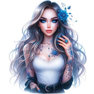 Könnte beinhalten: Digitale Illustration einer Frau mit langem, silbernem Haar und leuchtend blauen Augen. Sie trägt ein weißes Oberteil, eine schwarze Jacke und Jeans. Ihr Arm ist mit blauen Blumentattoos verziert, und sie hat eine blaue Blume im Haar und einen blauen Ring.