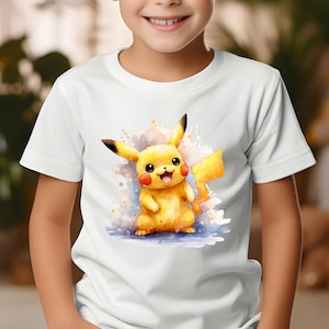 Op de afbeelding: Wit T-shirt met een aquarel illustratie van Pikachu. Het gele personage heeft rode wangen en een vrolijke uitdrukking. Het ontwerp bevat spetters blauw, geel en oranje. Een leuke, kleurrijke graphic tee voor kinderen.