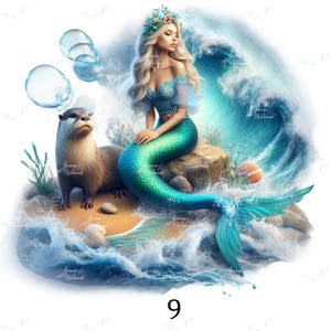 May include: A digital illustration of a mermaid with long blonde hair, a teal top, and a green tail, sitting on a rock near a wave. An otter is next to her. Bubbles float in the air. The number 9 is at the bottom.