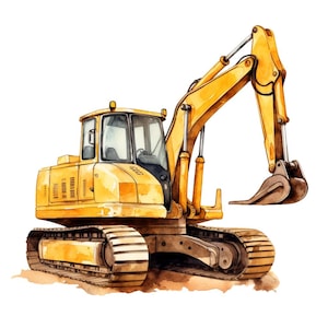 Könnte beinhalten: Aquarell-Illustration eines gelben Baggers mit großem Eimer. Das Baugerät hat eine detaillierte Kabine mit Fenstern und einen langen Arm. Der Bagger ist vor weißem Hintergrund.