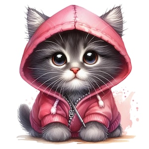 Peut inclure: Illustration à l'aquarelle d'un chaton gris et blanc portant un sweat à capuche rose. Le chaton a de grands yeux expressifs et un nez rose. Le sweat à capuche a une fermeture éclair et un cordon de serrage. Le style général est mignon et fantaisiste.