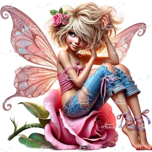 Peut inclure: Illustration numérique d'une fée aux cheveux blonds, aux yeux bleus et aux ailes roses. Elle porte un haut rose, un jean bleu déchiré et est assise sur une grande rose rose. Une rose rose est dans ses cheveux. Ses chevilles sont enveloppées de rubans roses et bleus.
