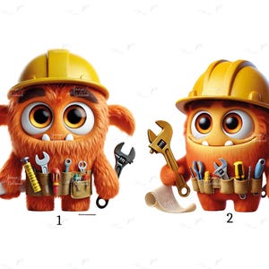Op de afbeelding: Twee cartoonmonsters met oranje vacht, grote ogen en gele bouwhelmen. Ze dragen gereedschapsriemen en houden gereedschap vast zoals sleutels en schroevendraaiers. Eén monster houdt een opgerold bouwplan vast, de ander een opgerold papier.