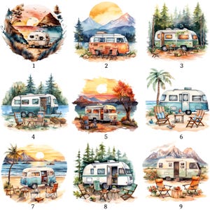 May include: Watercolor illustrations of vintage camper trailers in various scenic settings. Each image features a different trailer design, with outdoor furniture and natural elements like mountains, beaches, and forests. The color palettes include warm oranges, blues, and greens.